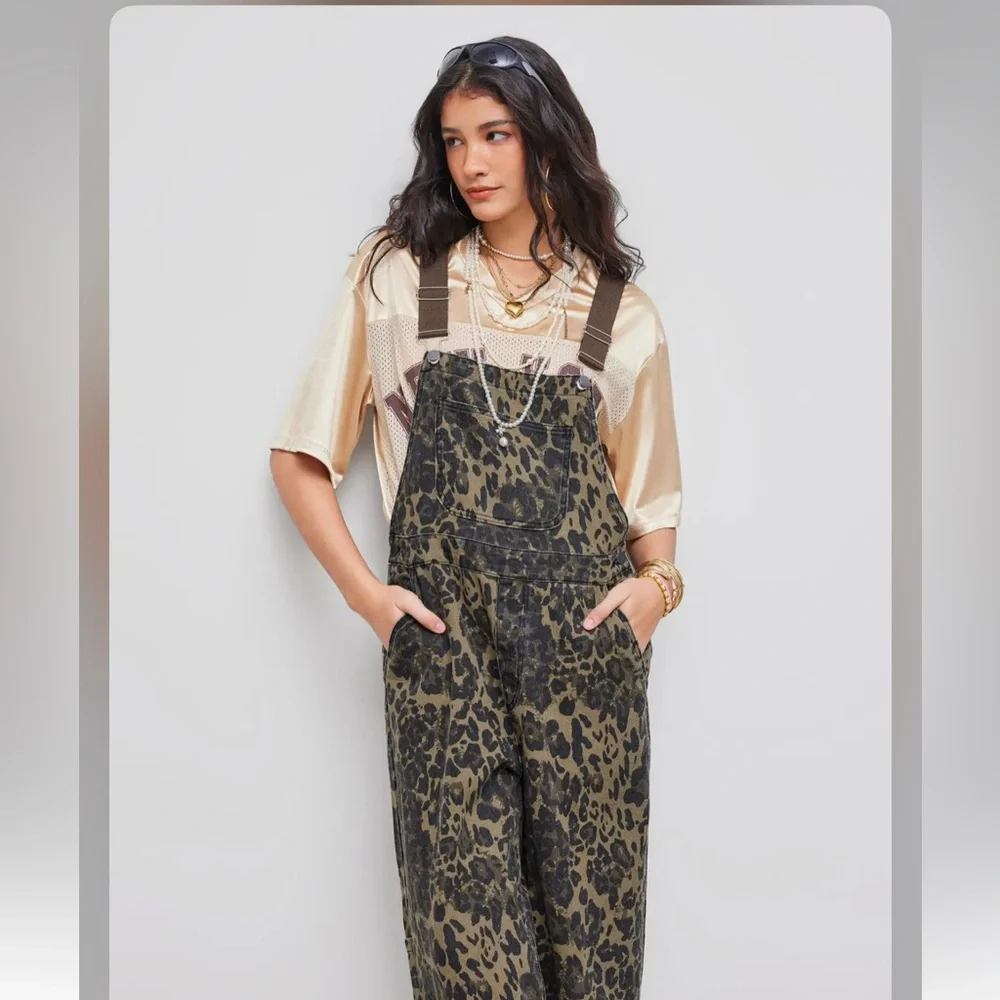 Cider DENIM LEOPARD POCKET BUCKLE UP WIDE LEG OVERSIZED JUMPSUIT XL cr23-9